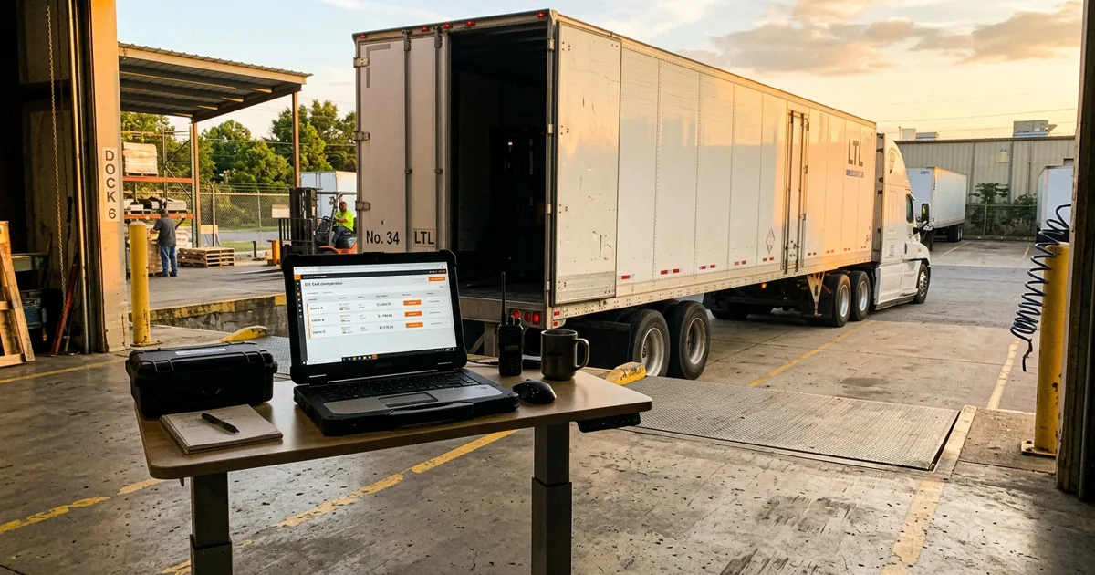 A semi truck at a loading dock with a screen showing carrier rates beside it