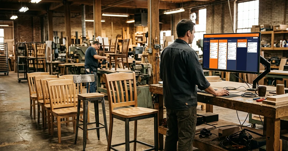 Restaurant chairs and barstools in a factory beside a screen showing an order pipeline