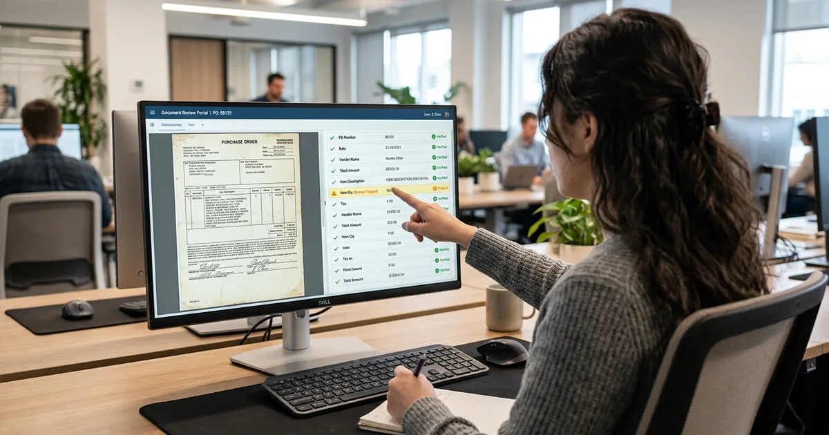 A reviewer comparing an original purchase order document with extracted data side by side