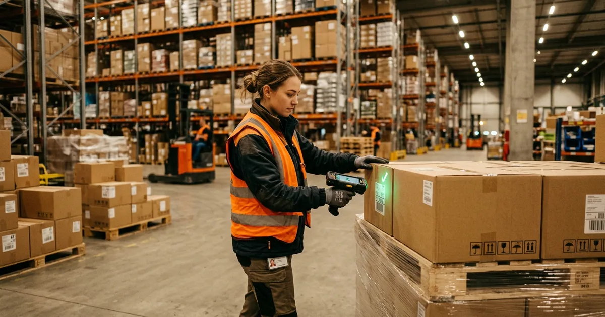 Warehouse worker scanning a pallet with a handheld scanner beside tall racking