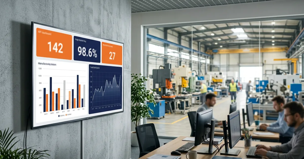 Wall-mounted dashboard showing production and inventory metrics above a shop floor