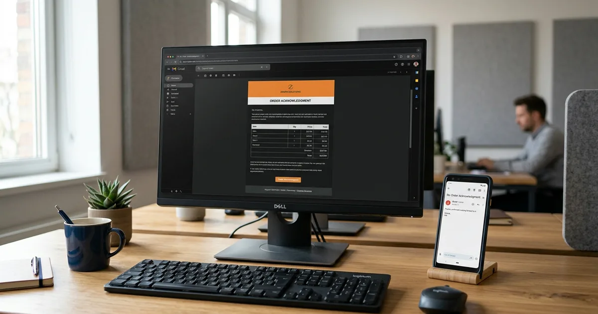 An outgoing order confirmation email on screen beside a checklist of order details