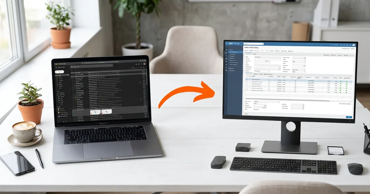 Customer purchase orders flowing from an email inbox into an ERP order screen