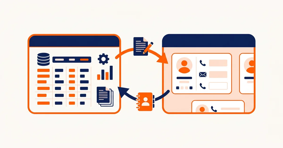 Data flowing between an ERP system and a CRM on two connected screens