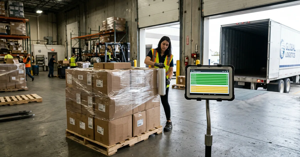 A partially loaded pallet beside a checklist showing shipped and remaining quantities