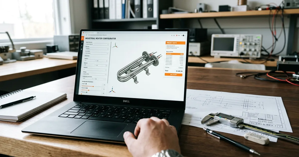 A web product configurator showing a 3D heater model beside live pricing