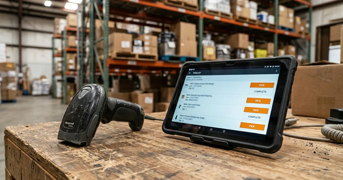 Handheld scanner and tablet side by side on a warehouse workbench