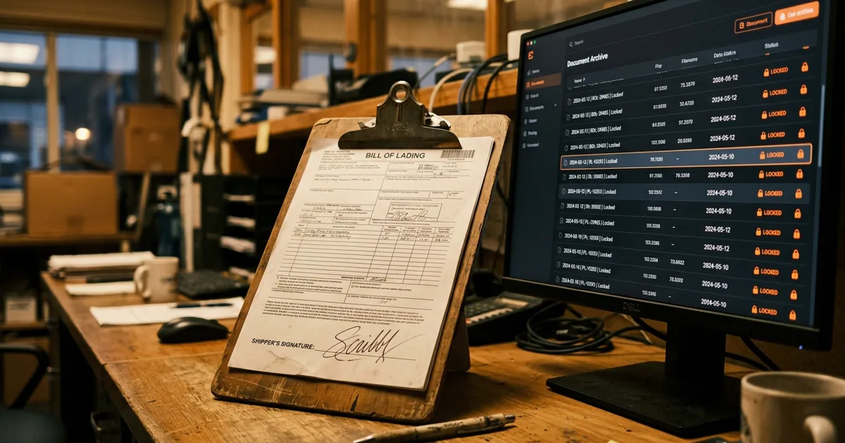 A signed bill of lading being filed into a digital archive with a timestamp